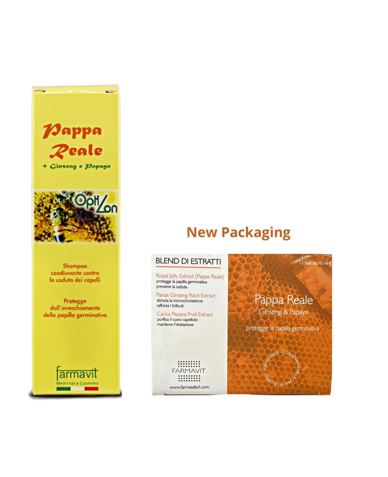 KIT SHAMPOO+FIALE ANTICADUTA-300ml e 12 fiale da 10ml ciascuna-con PAPAYA, PAPPA REALE e GINSENG-Farmavit