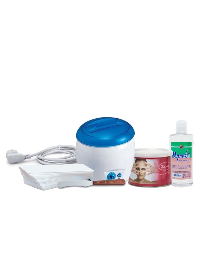 Body waxing kit Wax warmer + Wax pot 400ml + Hair removal strips + After-oil oil + Wooden spatula