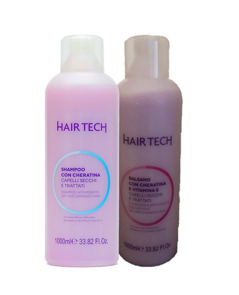 Shampoo con Cheratina per Capelli Secchi - 1000ml +  Balsamo con Cheratina e Vitamina E - Hair Tech