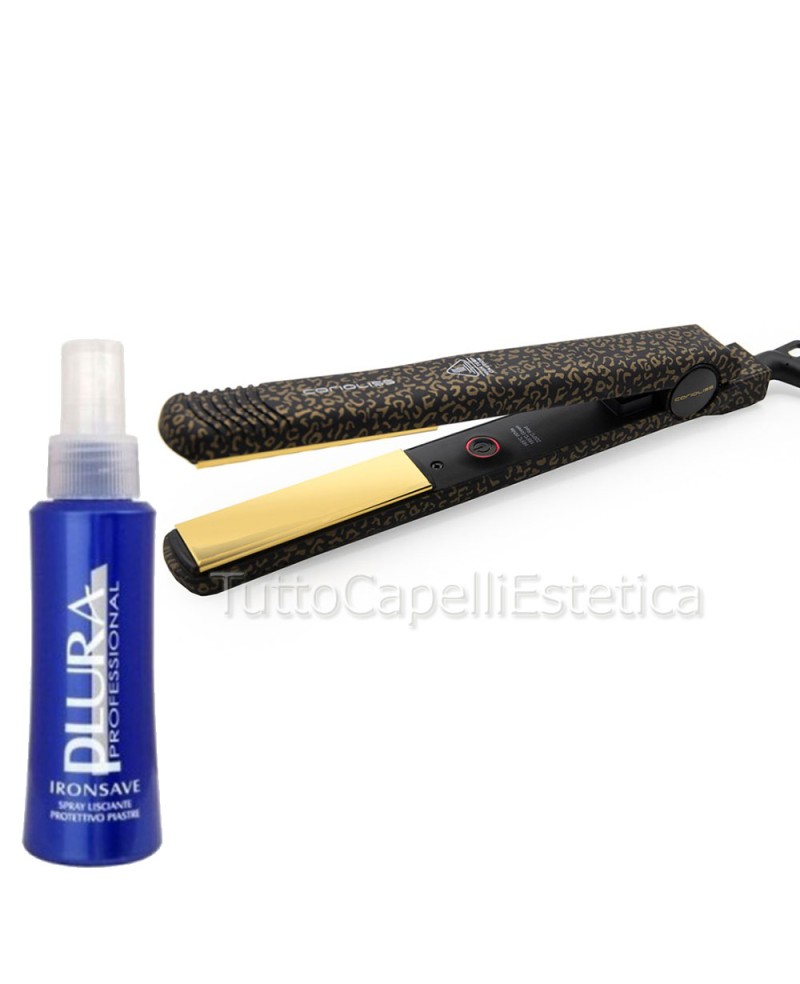 Professional Hair Straightener Gold Leopard C-Style Soft Touch Corioliss + Free Heat Protection Spray