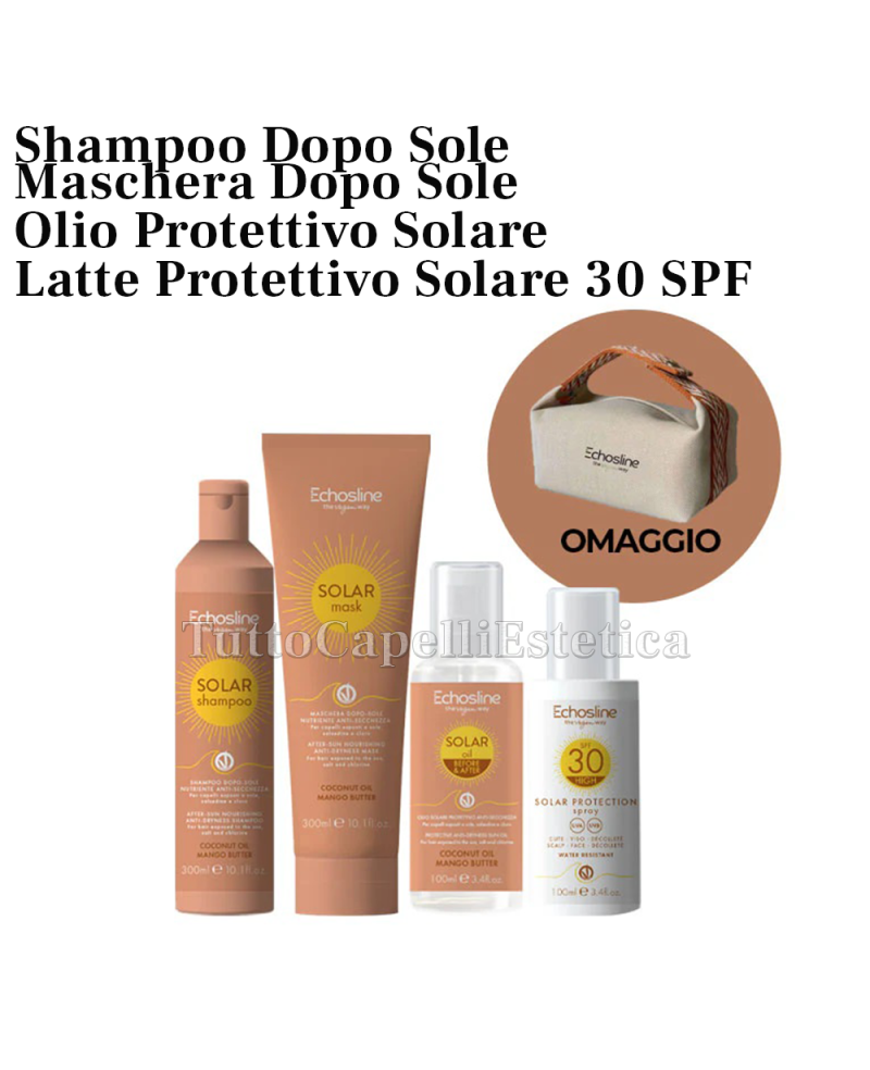 Shampoo Capelli + Maschera + Olio Protettivo + Latte Protettivo 30SPF Professionale Solare Echosline - Omaggio Pochette